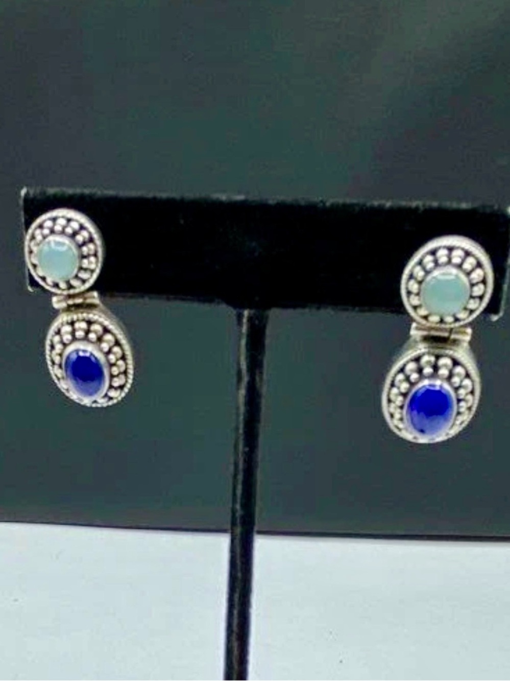 Suarti Bali 925 Sterling Silver Vintage Chalcedony Lapis Lazuli Drop Earrings